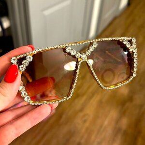 Glam Fun Bling Oversized Square Gradient Brown Rhinestone Fashion Sunglasses
